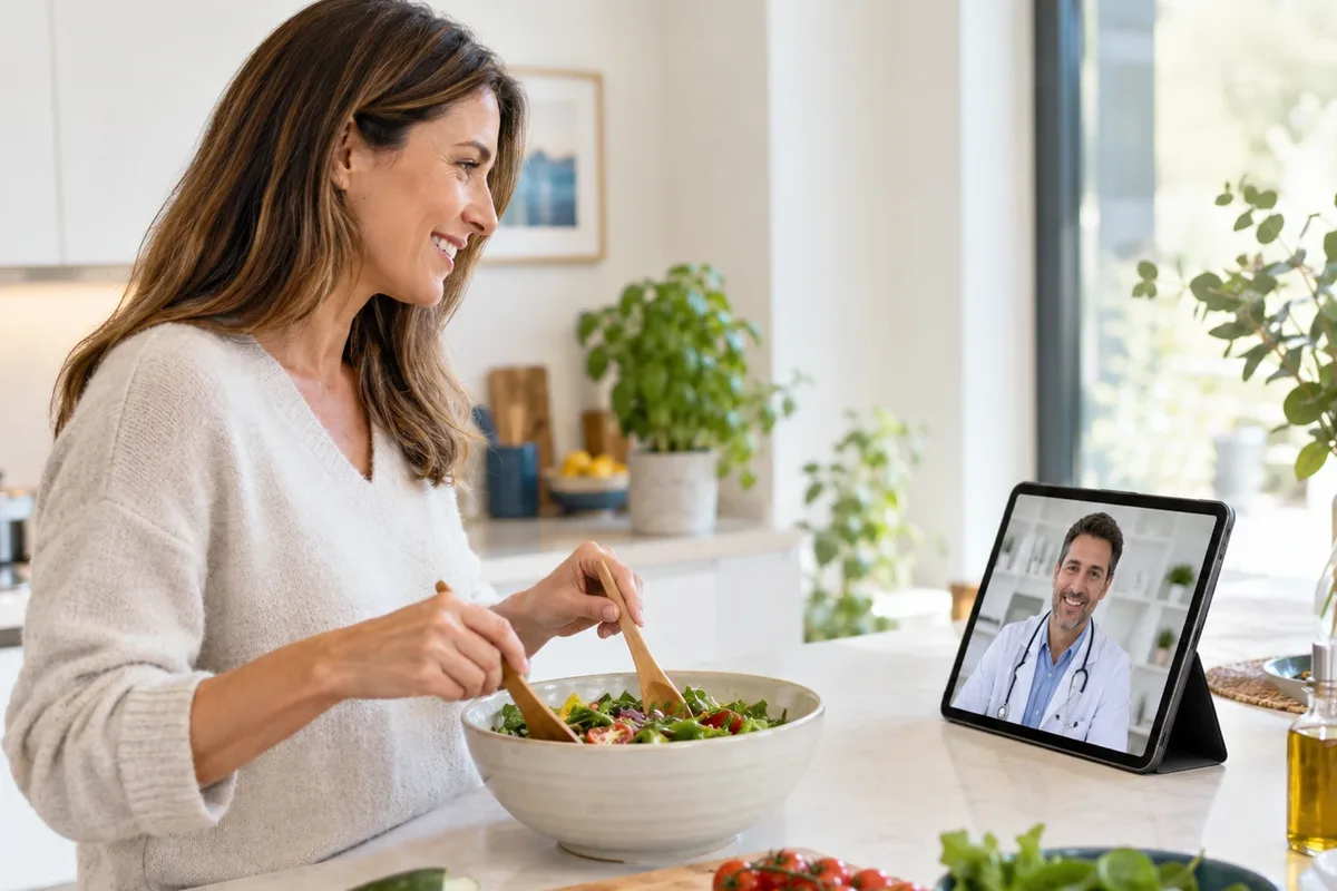Mujer preparando una ensalada mientras habla con su médico por videollamada en una consulta online de pérdida de peso