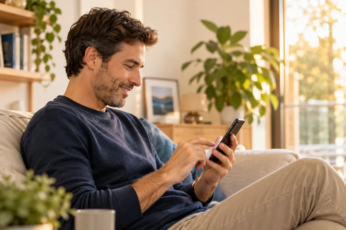 Hombre en el sofá de casa escribiendo en el chat de una consulta médica online de salud sexual